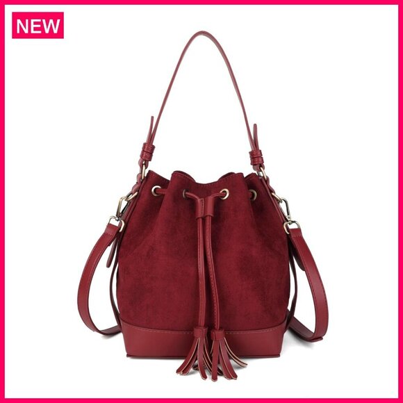 Handbags - Faux Suede Bucket Bag Crossbody Hobo Purse with Drawstring and 2 Straps